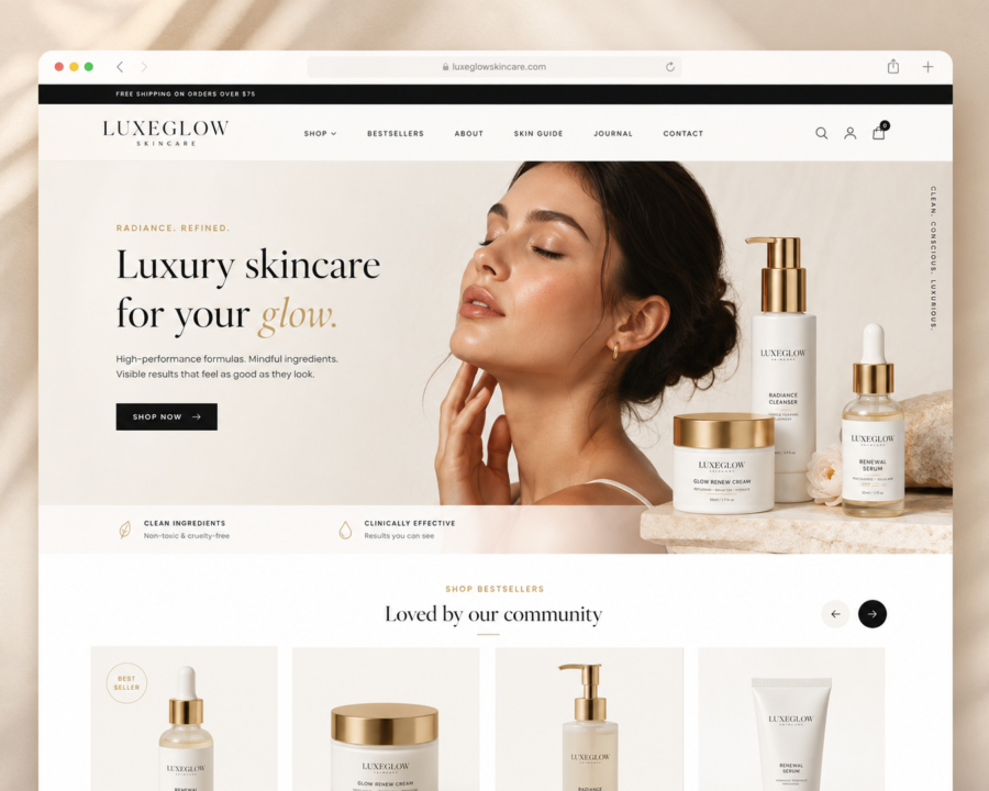 LuxeGlow Skincare website mockup