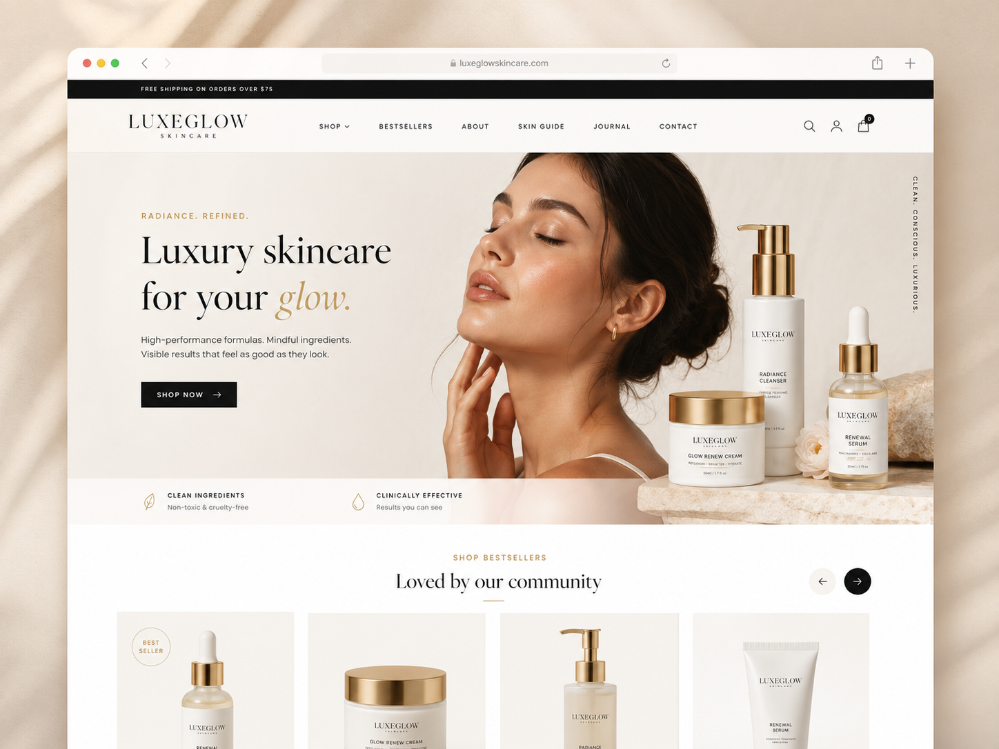 LuxeGlow Skincare website mockup
